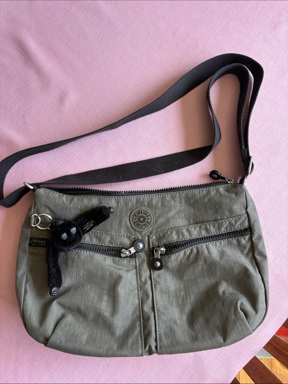 Kipling Moss Green Crossbody Messenger Bag with Black Strap